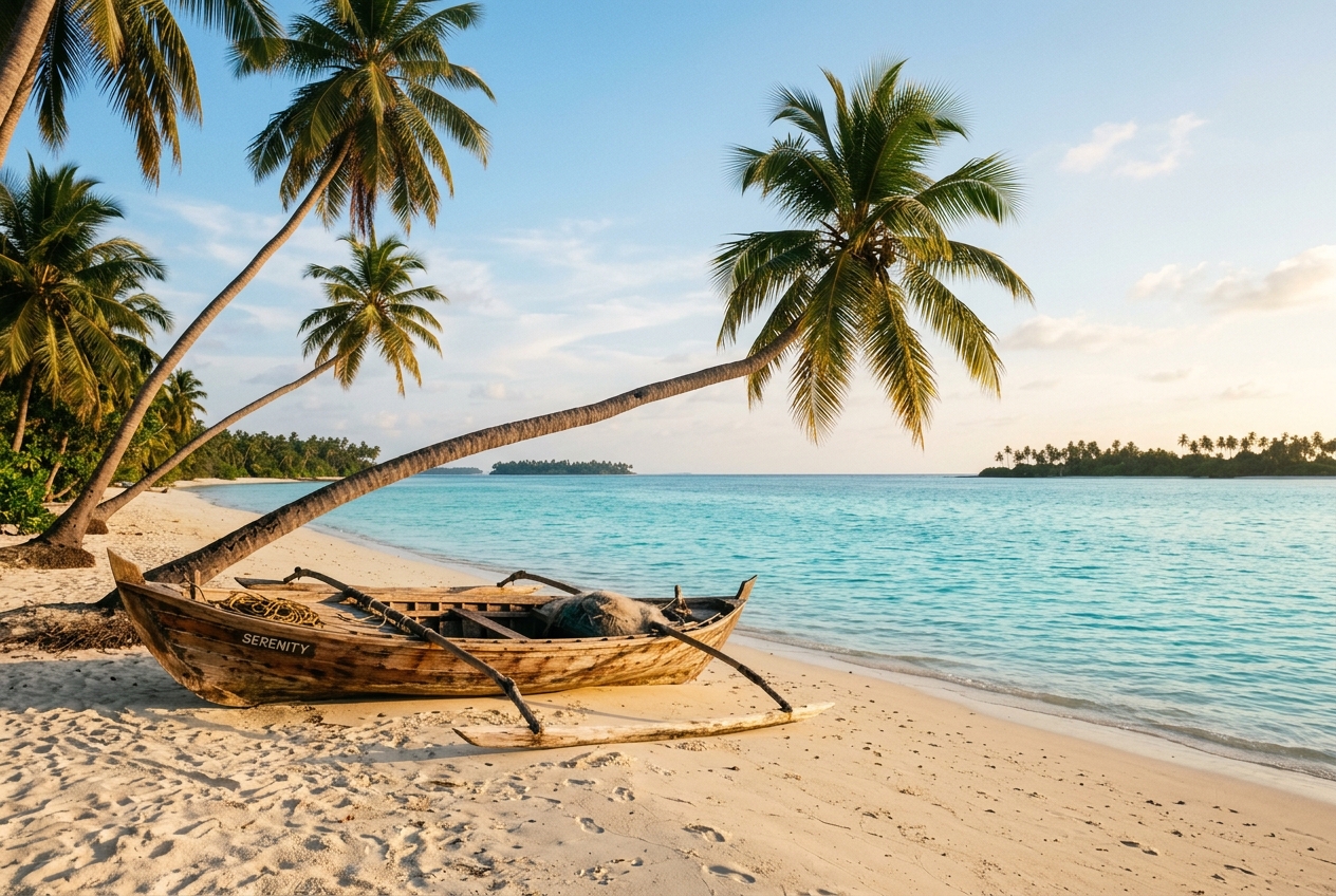 A traditional boat resting on the shore under coconut palms