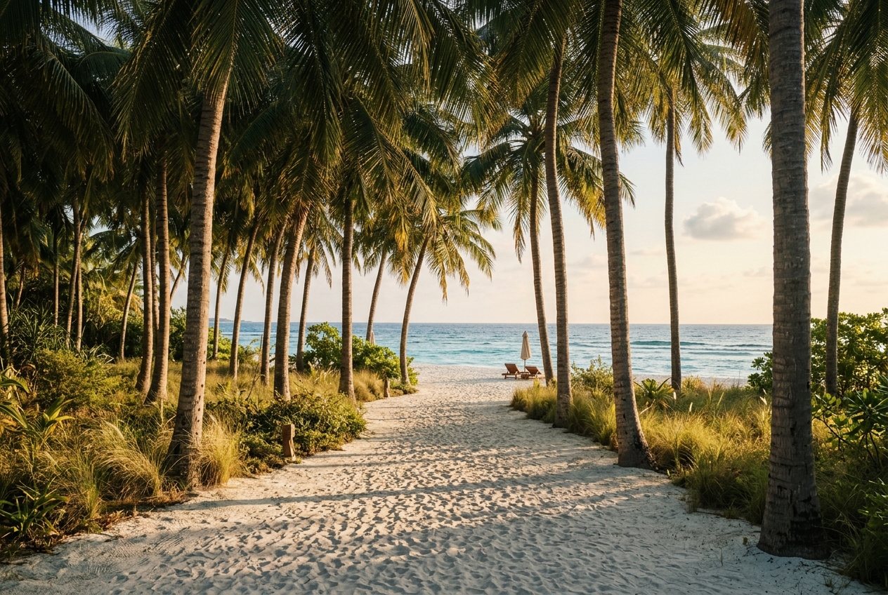 White-sand pathway lined with tropical palm trees