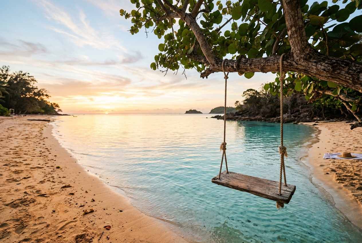 A quiet shoreline swing hanging over calm water